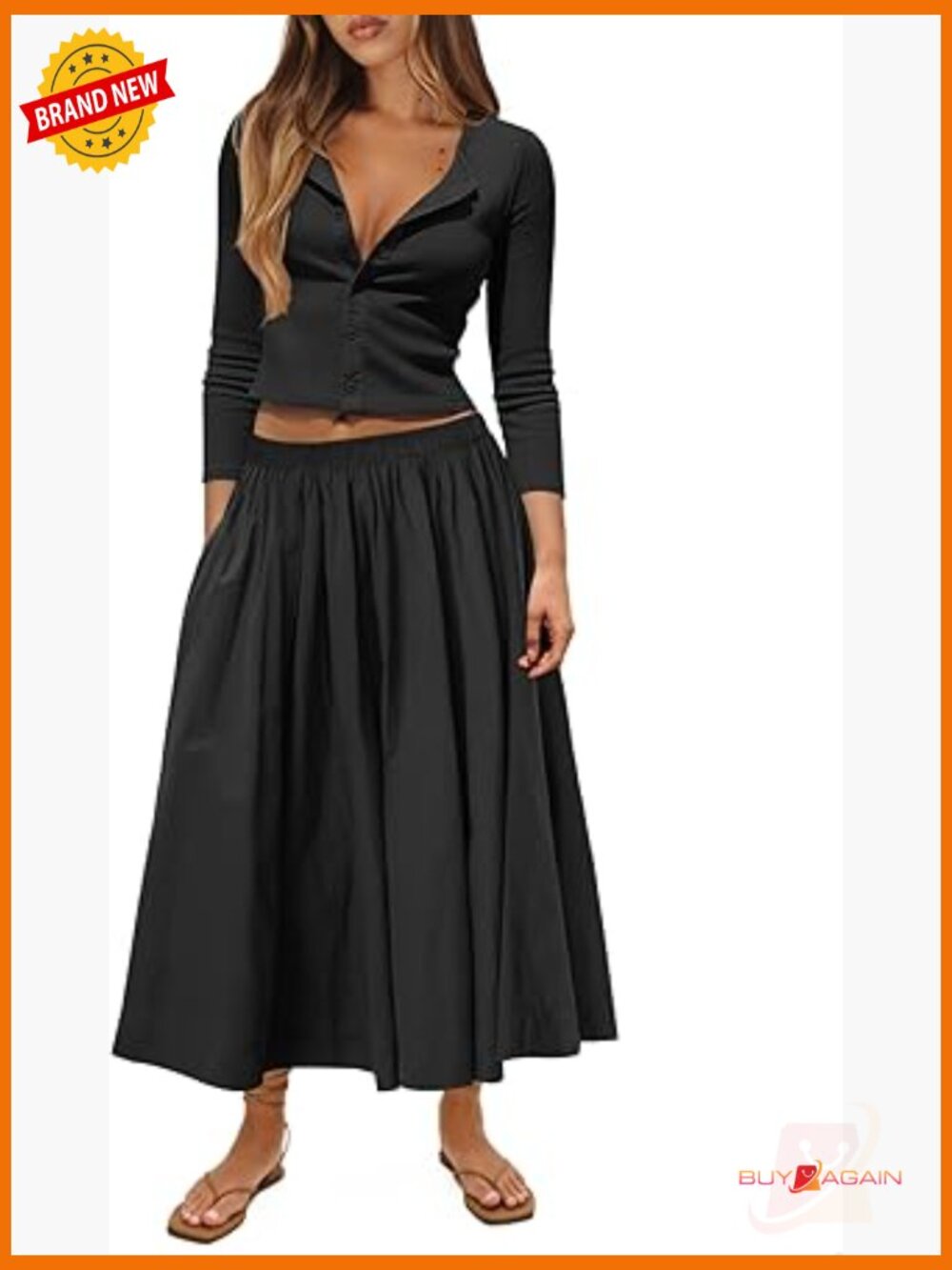 Ribbed Button Down Cardigan & Midi Skirt 2 Piece Set Fall Casual Outfits